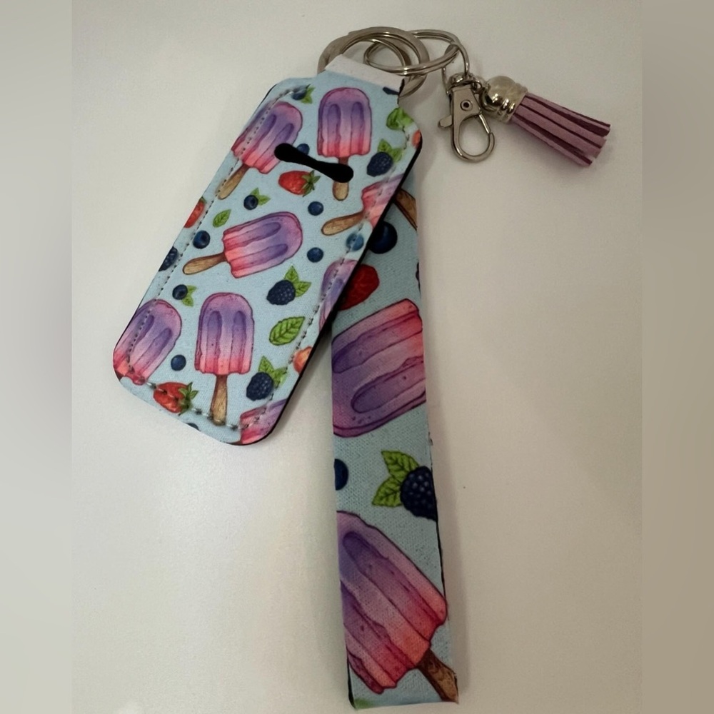 Purple popsicles lip gloss holder with wrist strap keychain and purse dangle